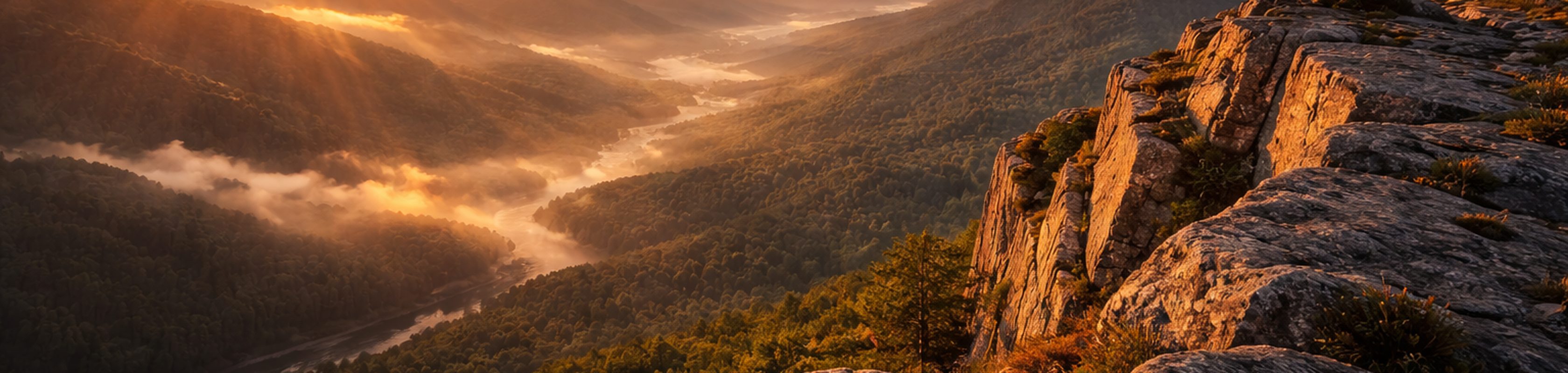 Bewaldetes Tal mit Morgennebel und Felsen im warmen Licht